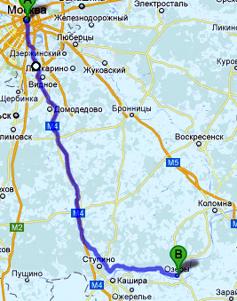 Карта маршрута Москва-Озеры по М4 такси Москва Озеры,доехать до Озер