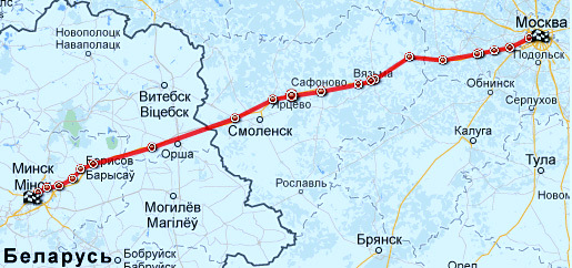Такси Москва-Минск, Москва-Беларусь, М1, карта маршрута