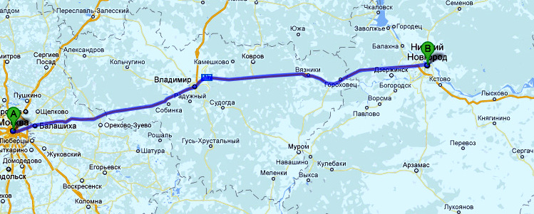 Карта маршрута из Москвы в Нижний Новгород такси Москва - Нижний Новгород, маршрут на автомобиле из Москвы в Нижегородскую область, такси межгород, автобус Москва-Нижний